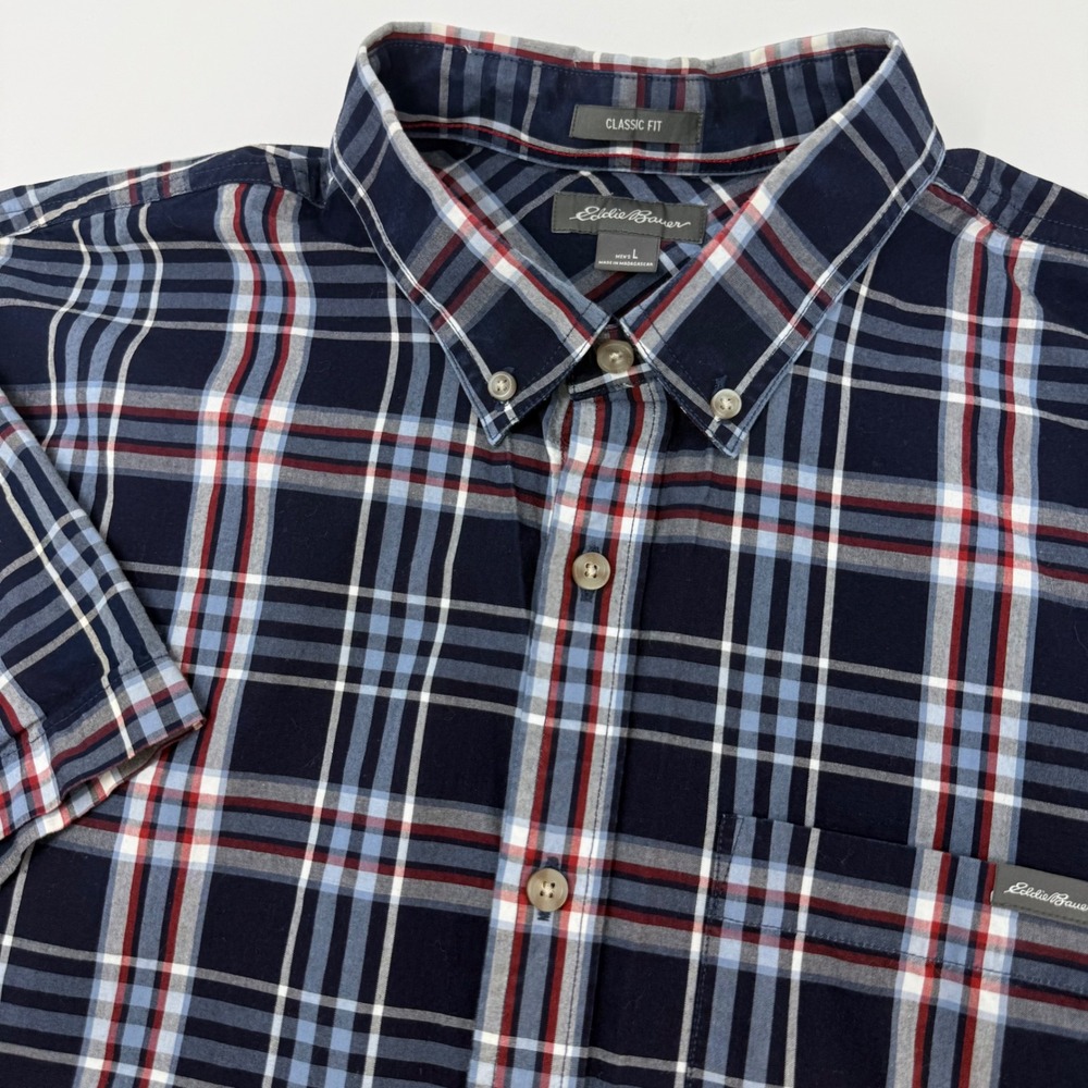 Eddie Bauer Mens Classic Fit Plaid Short Sleeve Button Down Shirt Blue Large